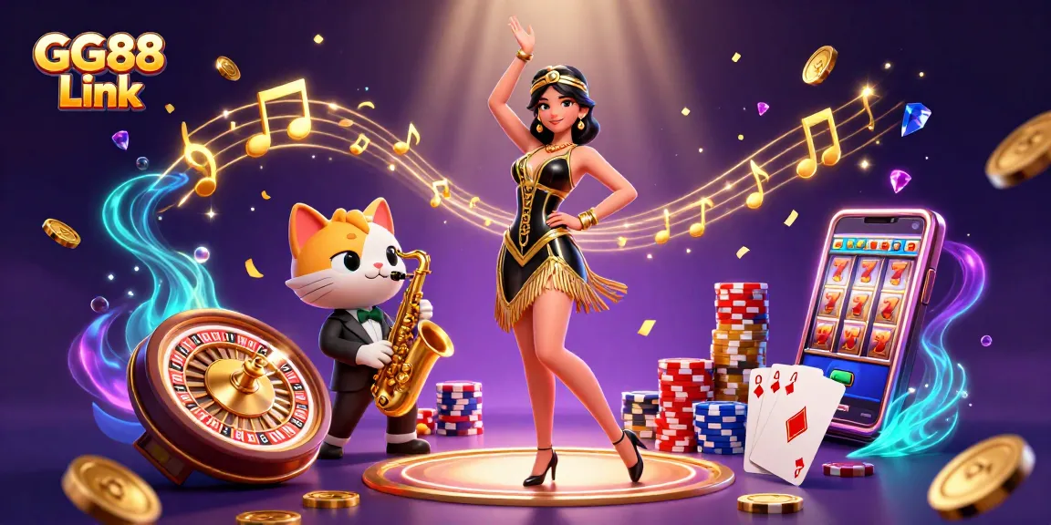 Engage with GG88 Link, featuring a vibrant casino scene with a woman dancing and playful elements.