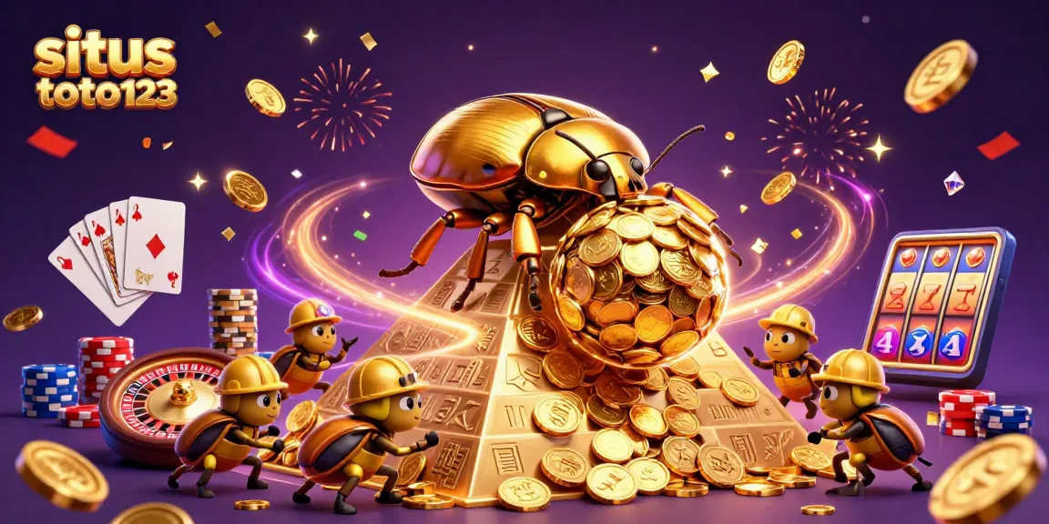 Situs toto123 showcases a dynamic scene with golden beetles and casino elements, emphasizing exciting gameplay.