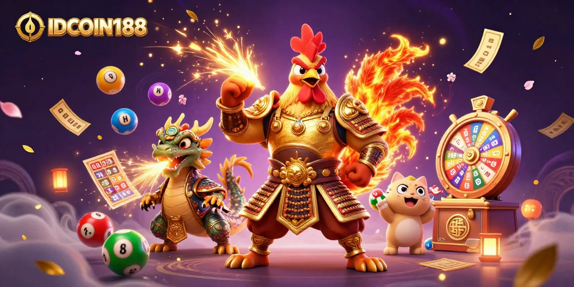 IDCOIN188 showcases a vibrant casino scene with a rooster warrior, dragon hatchling, and gambling elements.