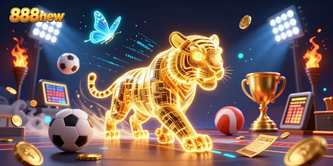 Experience the thrill of winning with 888new in this vibrant digital casino scene featuring dynamic sports elements.