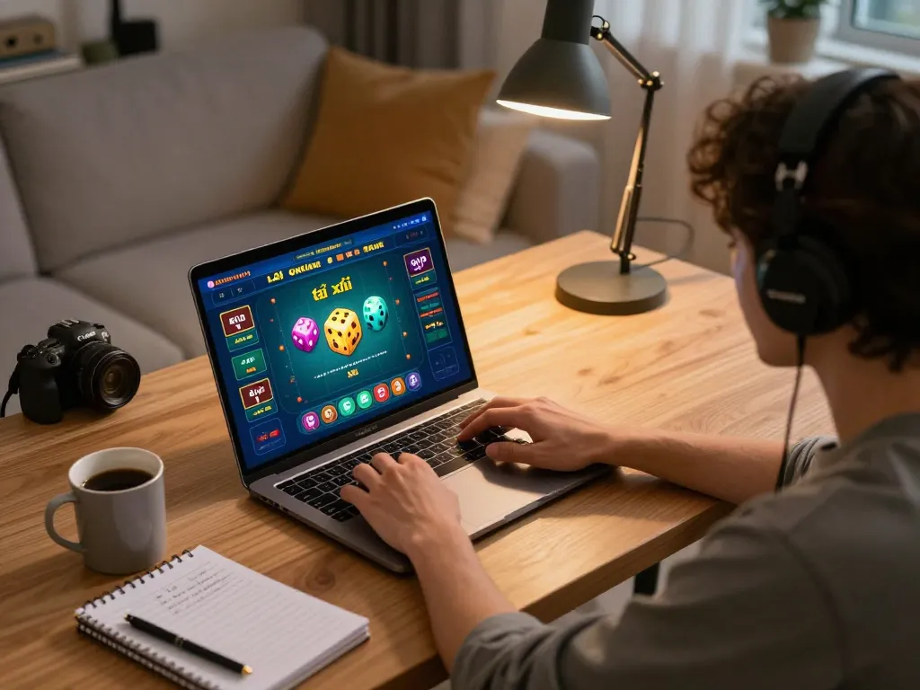 Engaging in tài xỉu online gameplay with a modern laptop in a cozy home office