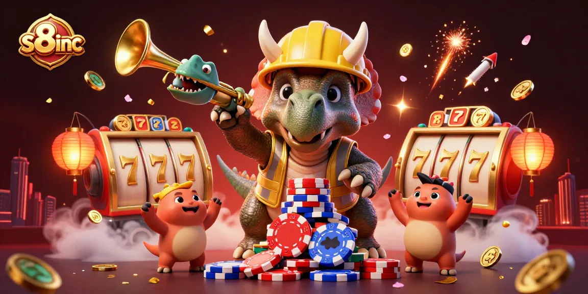 S8inc showcases a vibrant 3D scene with a triceratops building poker chips amidst festive gambling symbols