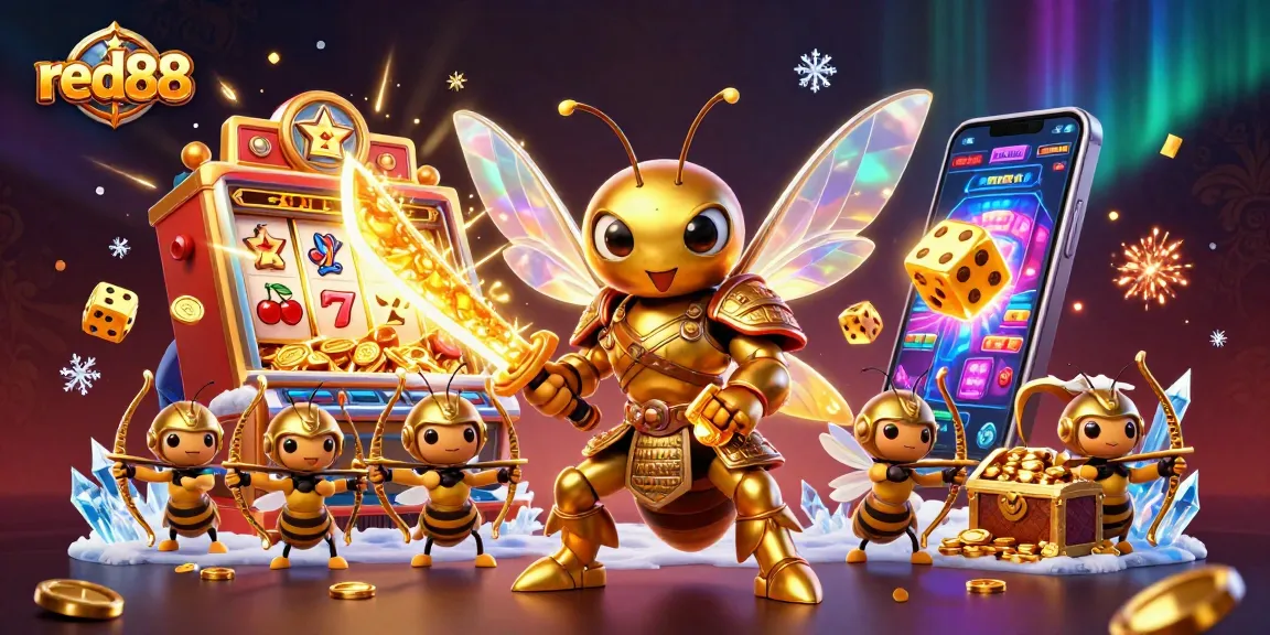 Win big with red88 in a vibrant casino scene featuring a golden hornet and exciting game elements.