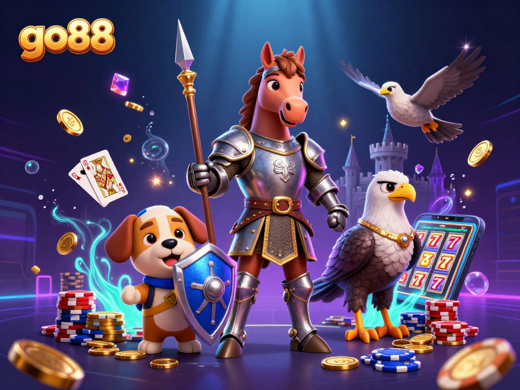 Experience go88 with a dynamic 3D illustration showcasing a knight, squire puppy, and falcon amidst casino excitement.