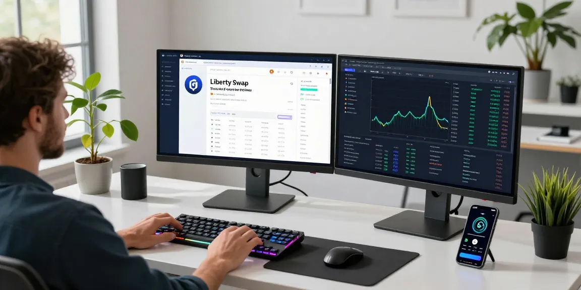 LibertySwap platform displayed on a developer's monitor in a modern finance workspace, showcasing innovative cross-chain trading.