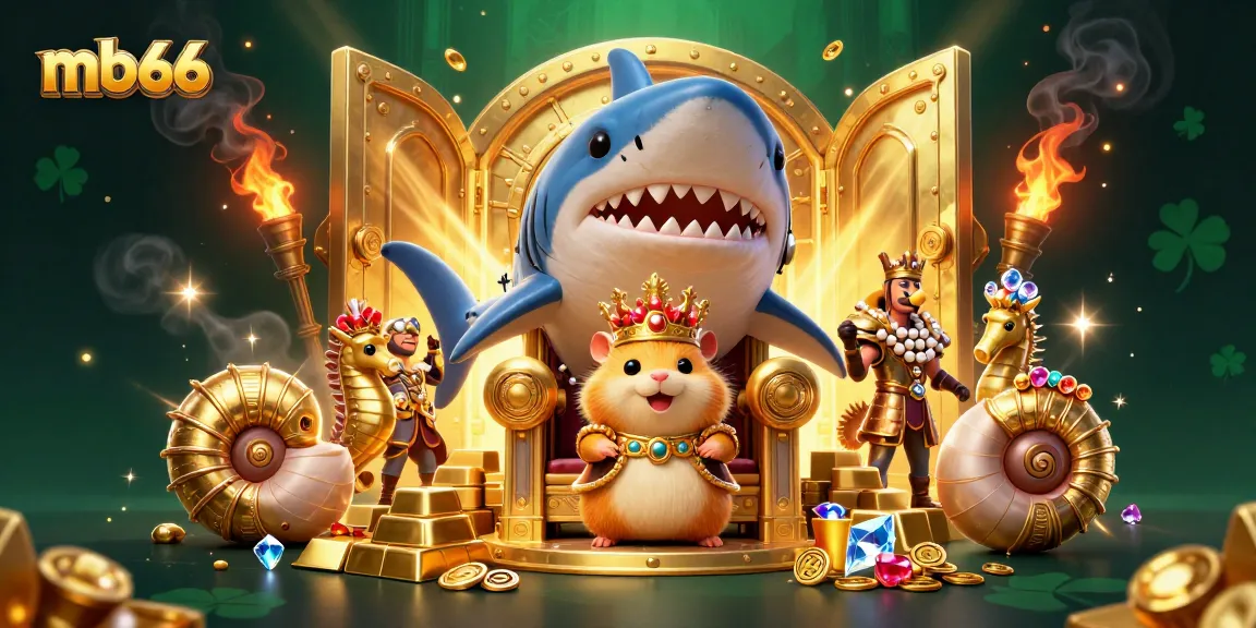 Spin to win at mb66 with a golden treasure vault and a royal hamster king in this vibrant casino scene.