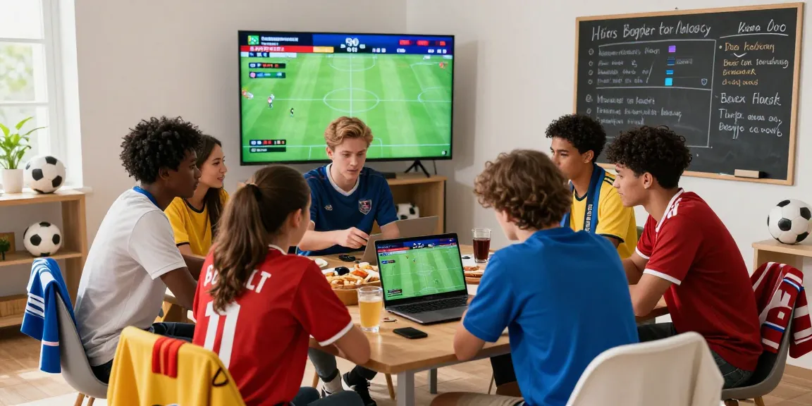 Sociable group analyzing betting odds at https://soikeonhacai.com.co/ with laptops and football memorabilia.
