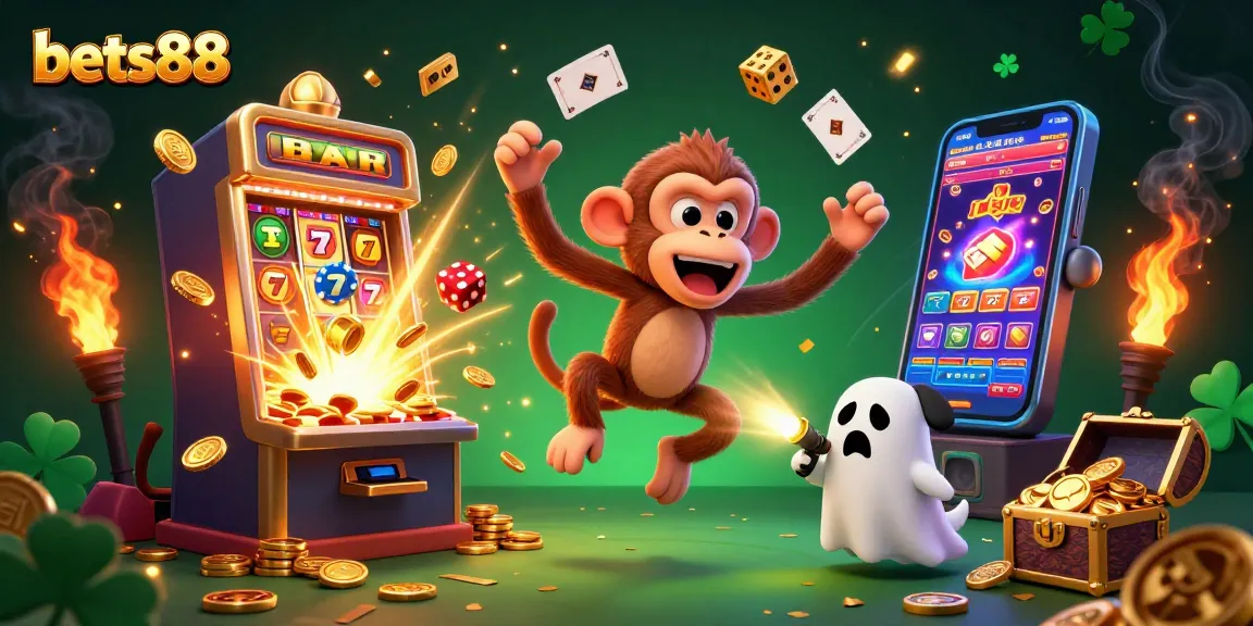 Bets88 showcases an exciting 3D illustration of a mischievous monkey juggling in a vibrant casino scene.