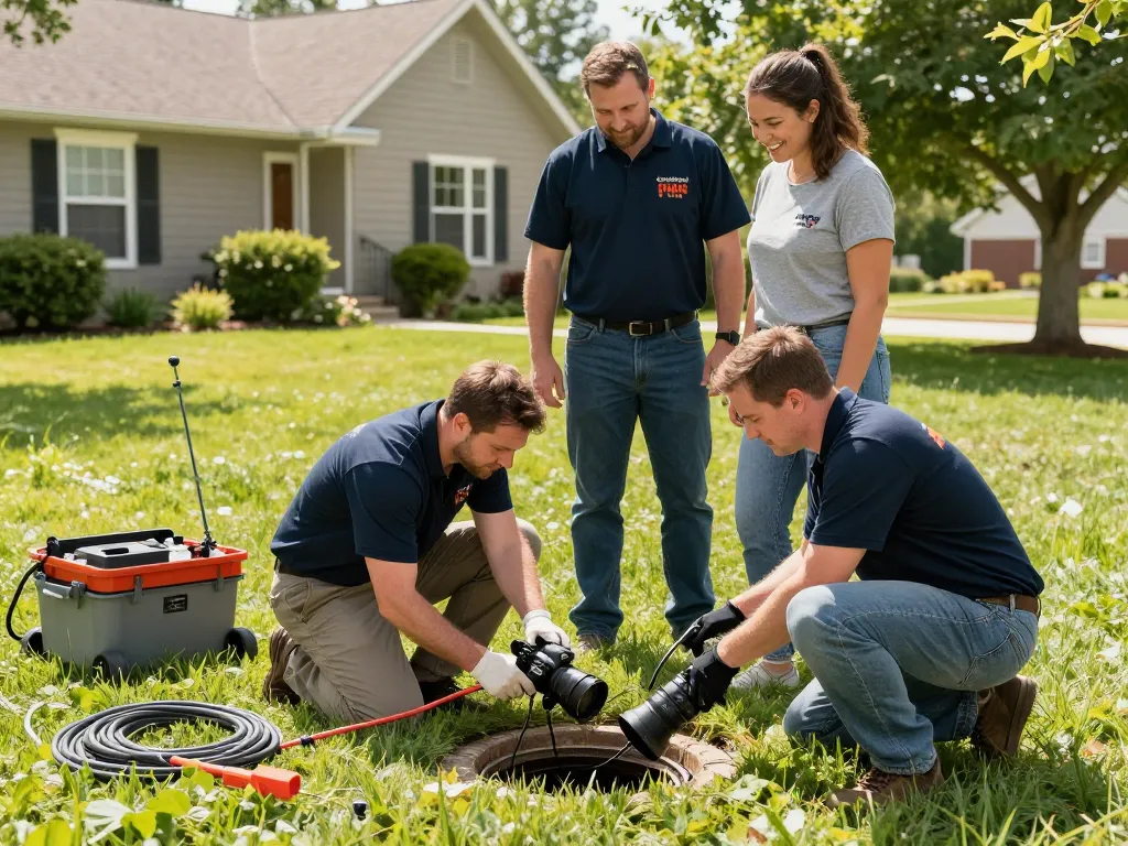 Sewer repair team inspecting drainage line in Merrillville IN showcasing expert service.