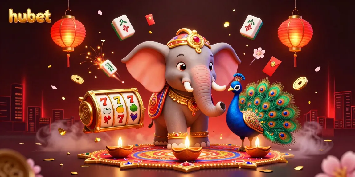 Spin and win at hubet with vibrant slot reels, golden diyas, and festive characters in a rich casino scene.