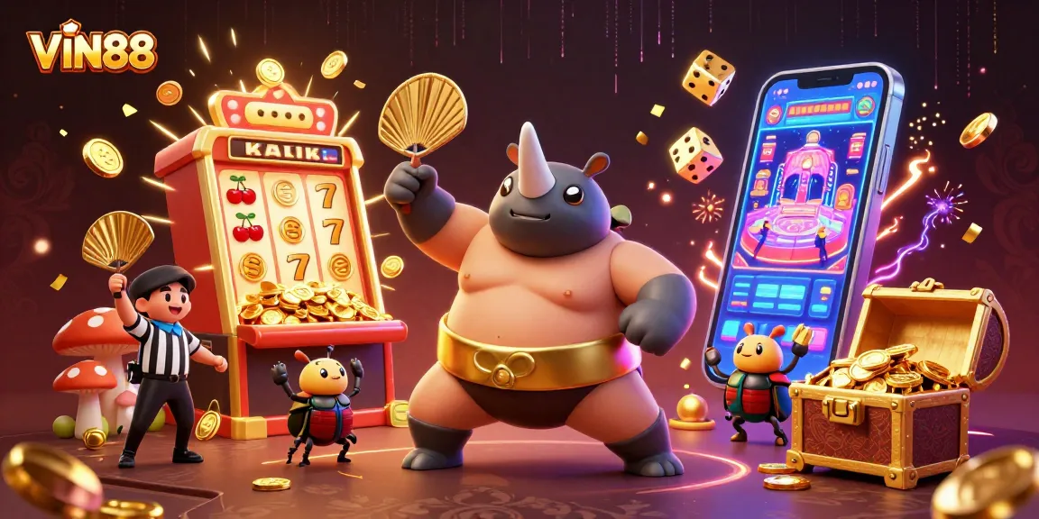 Experience thrilling gameplay at VIN88 with a sumo beetle champ as coins scatter across the vibrant scene.