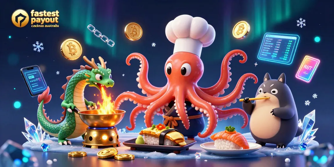 Engage with the fastest payout casinos Australia, featuring vibrant characters and crypto elements in an exciting casino scene.