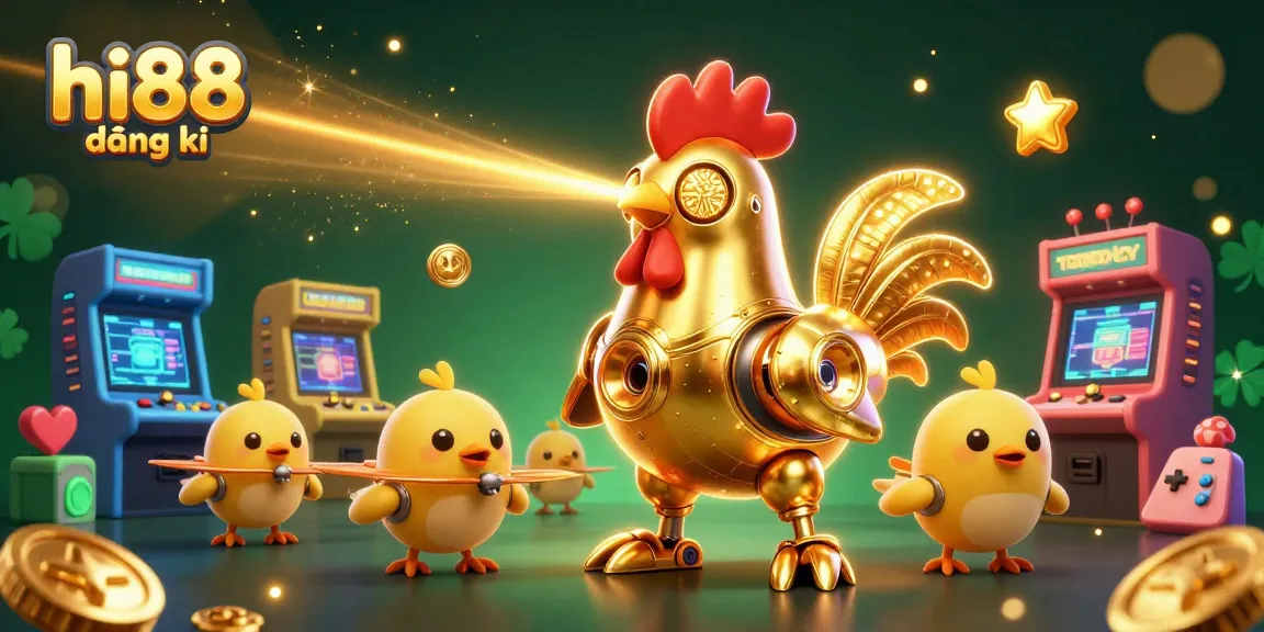 Play exciting games at hi88 đăng ký featuring vibrant casino elements and a golden rooster robot.