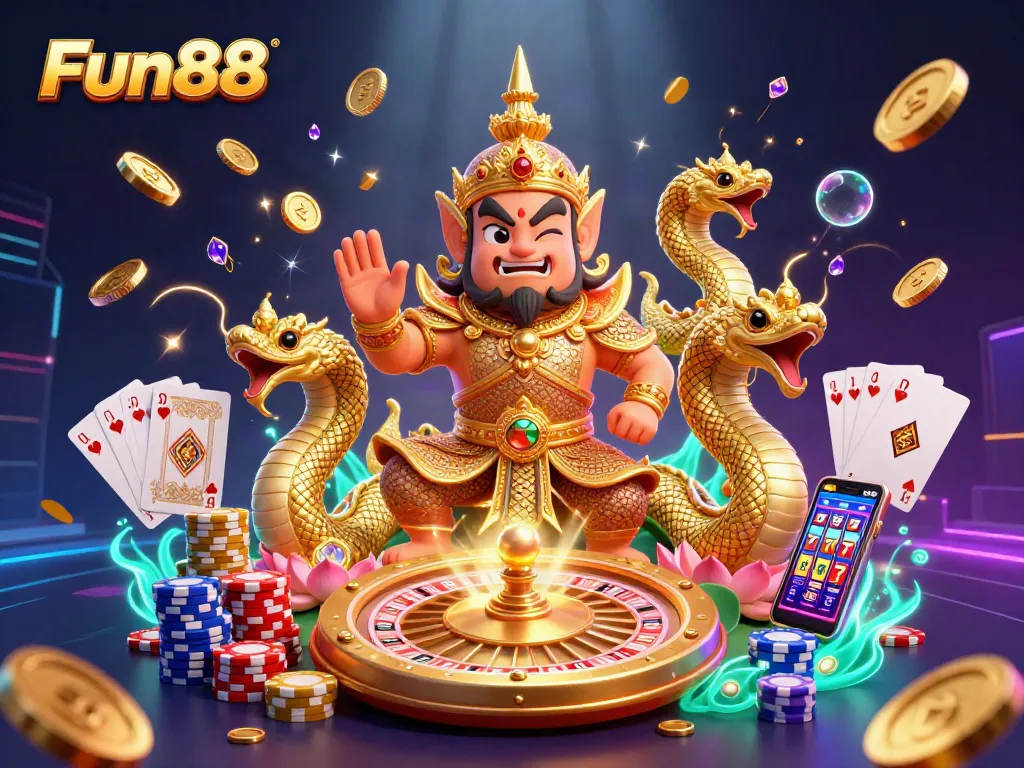 Engage with Fun88's vibrant casino experience, featuring lively graphics of golden coins, cards, and characters.