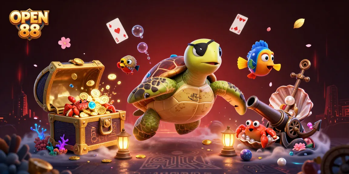 Celebrate wins at OPEN 88 with a vibrant underwater scene featuring unique characters and gambling elements.