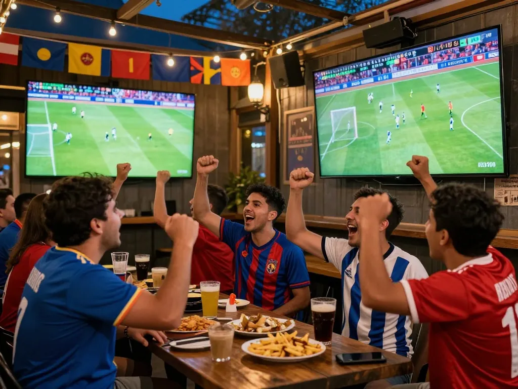 Fans celebrating a live match at Nowgoal, showcasing excitement and camaraderie in sports.