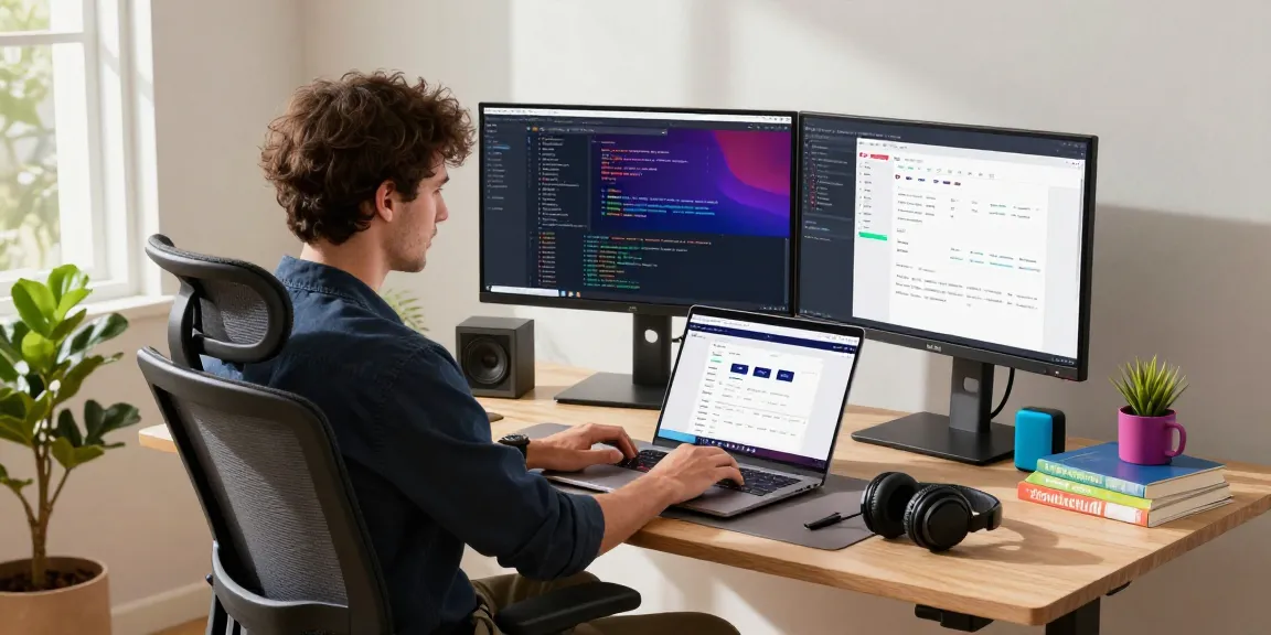 Professional developer at home office using WPS Official Website on dual monitors in a bright, organized workspace.