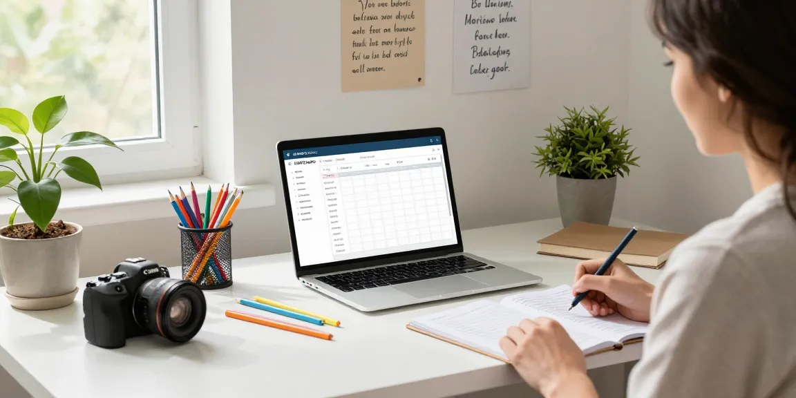 Teacher using EMStudio online teacher planner in a bright home office for efficient classroom management and lesson planning.