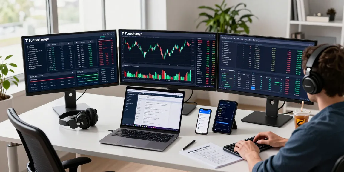 Funexchange platform trading setup with cryptocurrency charts and sports betting interfaces in a modern office.