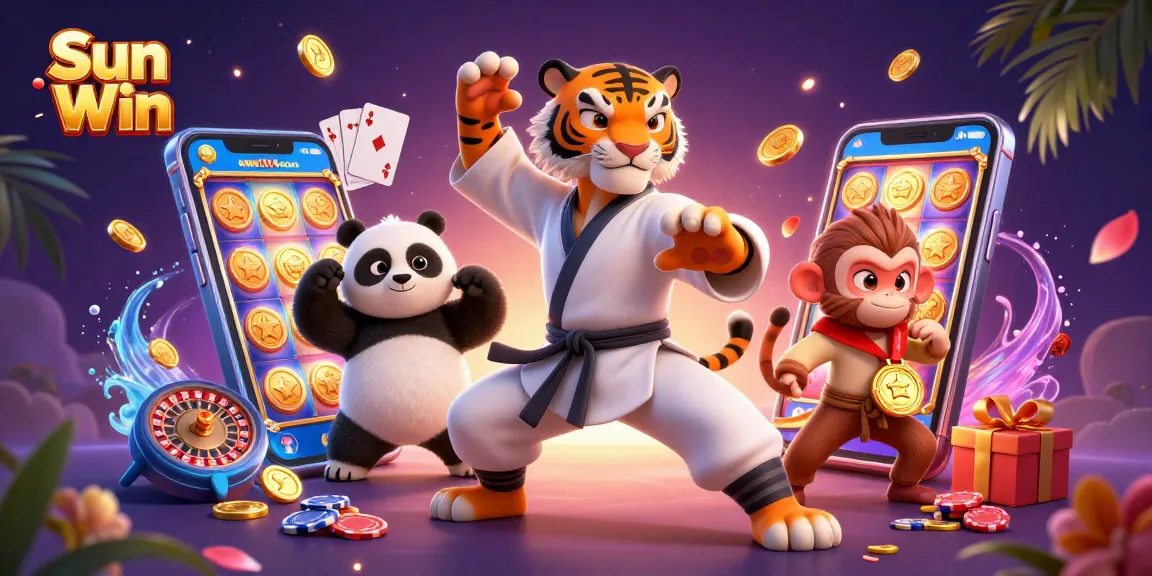 Experience vibrant gaming action with Sun Win, featuring cartoon characters engaging in exciting casino activities.