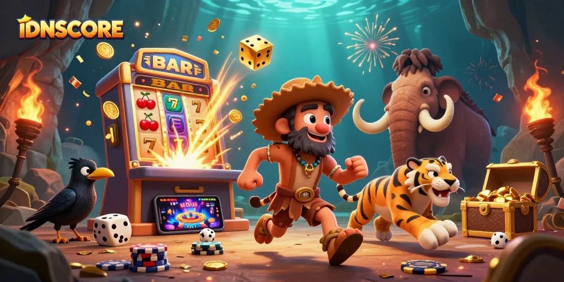 Experience thrilling wins at IDNSCORE with dynamic casino action featuring cartoon caveman, sabertooth tiger, and a clever crow