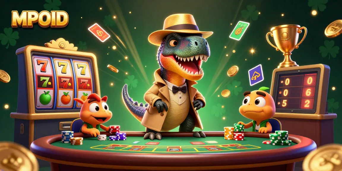 Experience thrilling gameplay at MPOID's blackjack table with a card-counting velociraptor amidst vibrant casino elements.