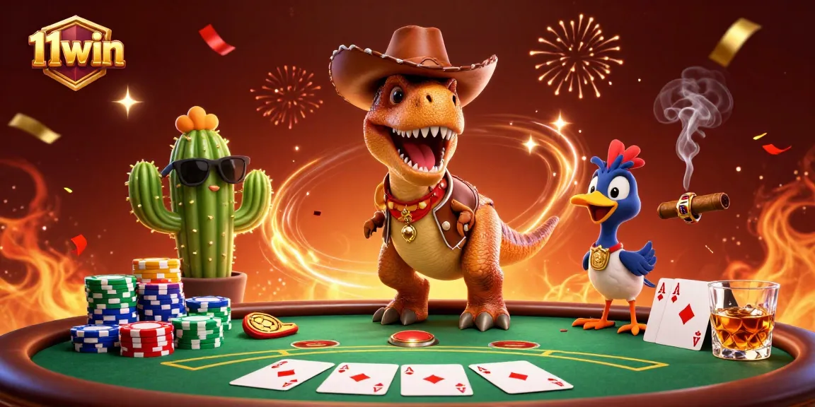 Join the fun at 11win with a vibrant poker party featuring a dinosaur and friends!