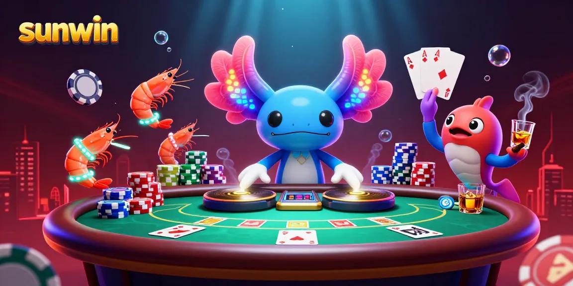 Engage with sunwin's vibrant casino scene featuring a neon-colored axolotl DJ spinning records and poker elements.