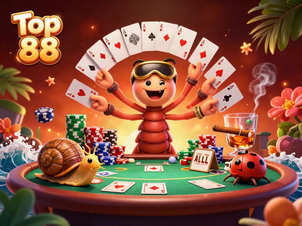 Engage with the Top 88 extravaganza featuring a whimsical millipede dealer and vibrant casino elements.