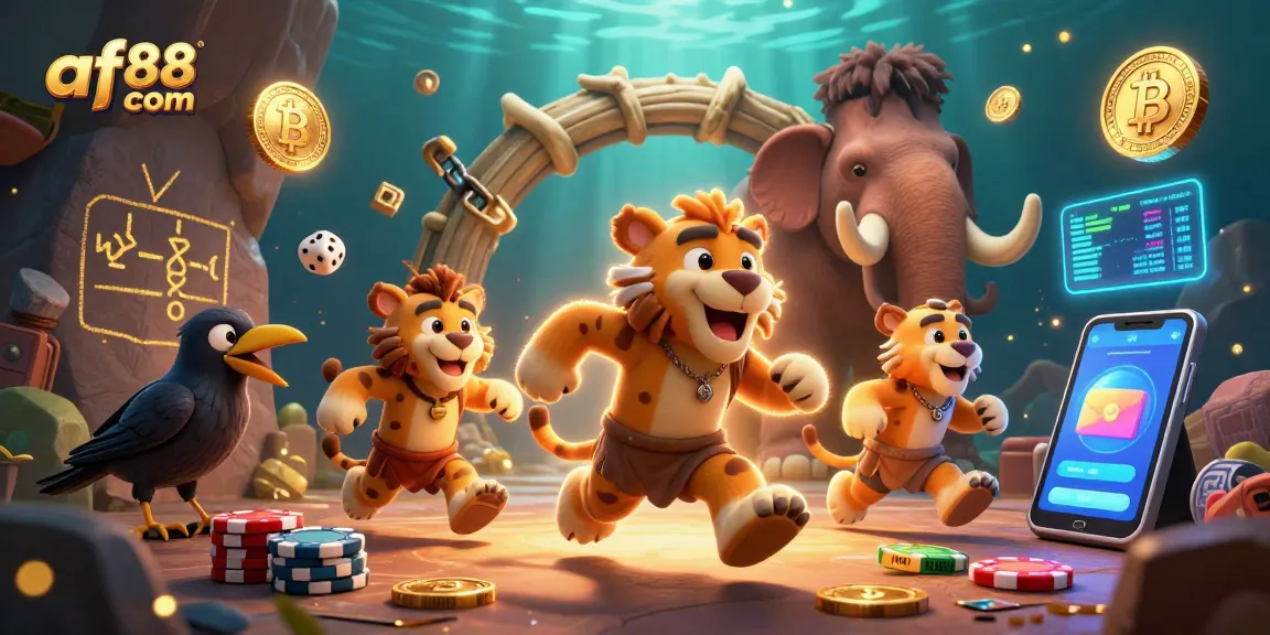 Engage in thrilling gameplay at af88 com with caveman casino characters amidst Bitcoin elements.