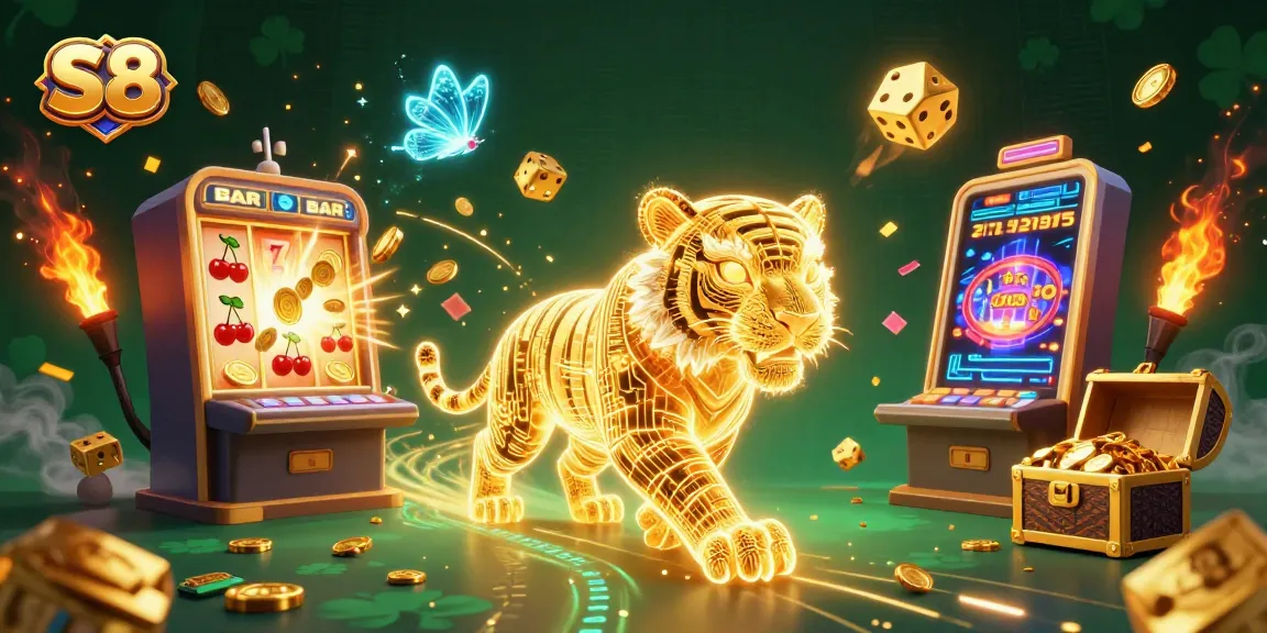 S8 offers thrilling gameplay with a neon-wireframe golden tiger in a vibrant casino atmosphere