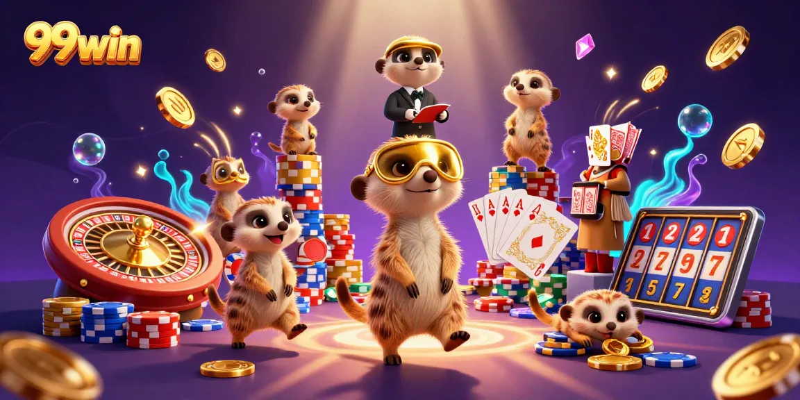 Experience the excitement of 99win with meerkats running a dynamic casino amidst flying chips and treasures.
