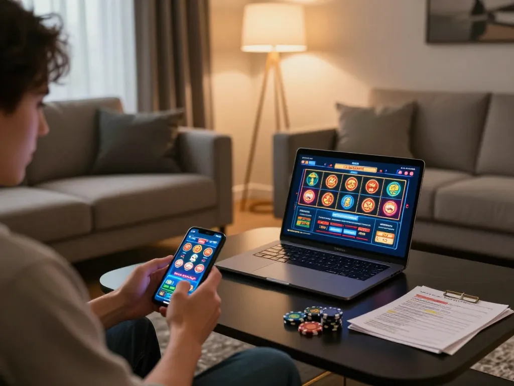 xx88 player enjoying mobile slots in a modern living room setting, engaging with immersive gaming experience