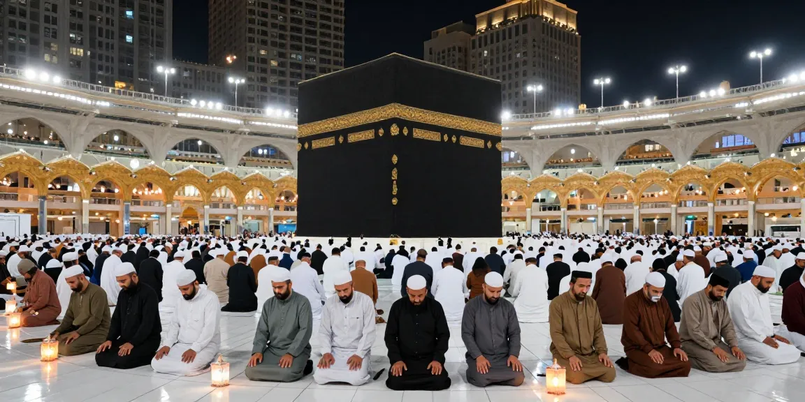 An unforgettable experience during umroh ramadhan depicting pilgrims in prayer near the Kaaba, showcasing a sacred destination, insightful travel guide, and meaningful tourism experience.