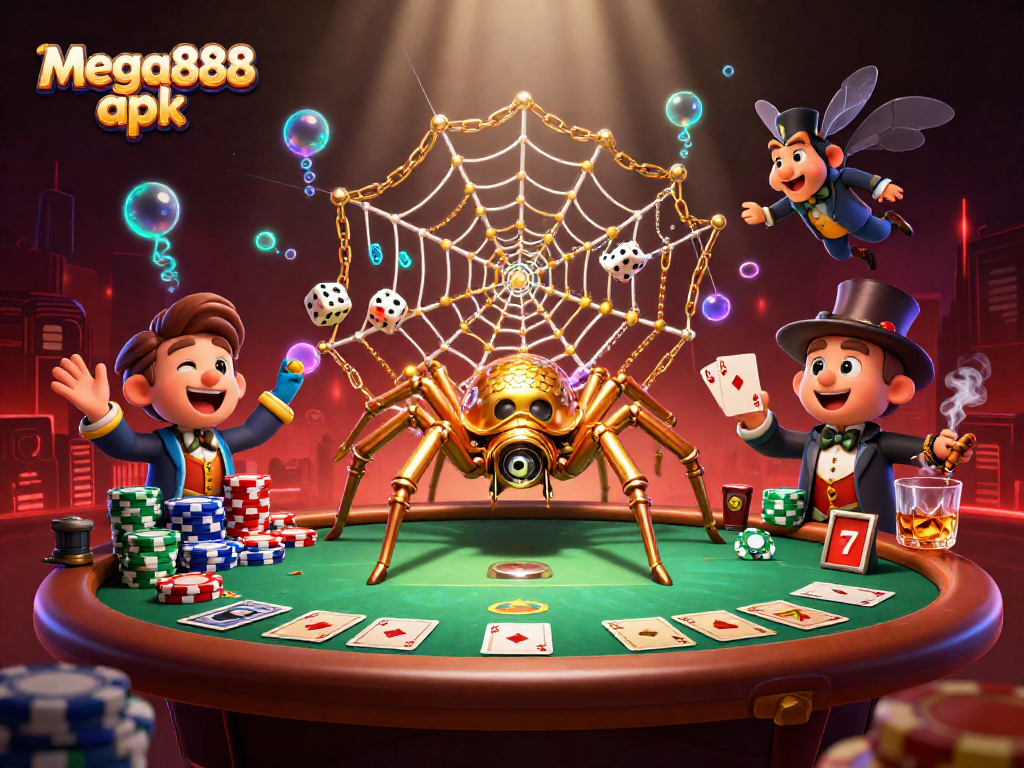 Menang permainan dengan mega888 apk melalui ilustrasi 3D yang menarik di sekitar meja poker.