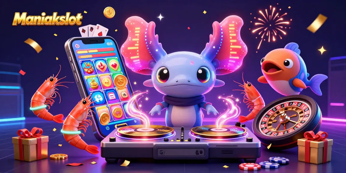 Engage with Maniakslot's thrilling adventure featuring a neon axolotl DJ and vibrant casino elements.