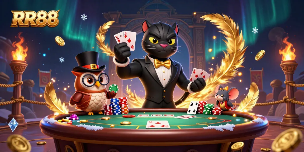 Experience the excitement of RR88 as the stylish panther deals cards at a lively poker table, animated with sparkling casino elements.