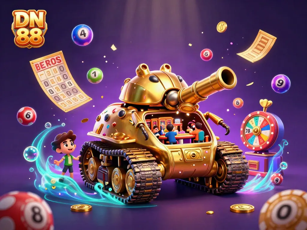 Join the excitement of DN 88 with a vibrant 3D interactive casino scene filled with colorful lottery elements.