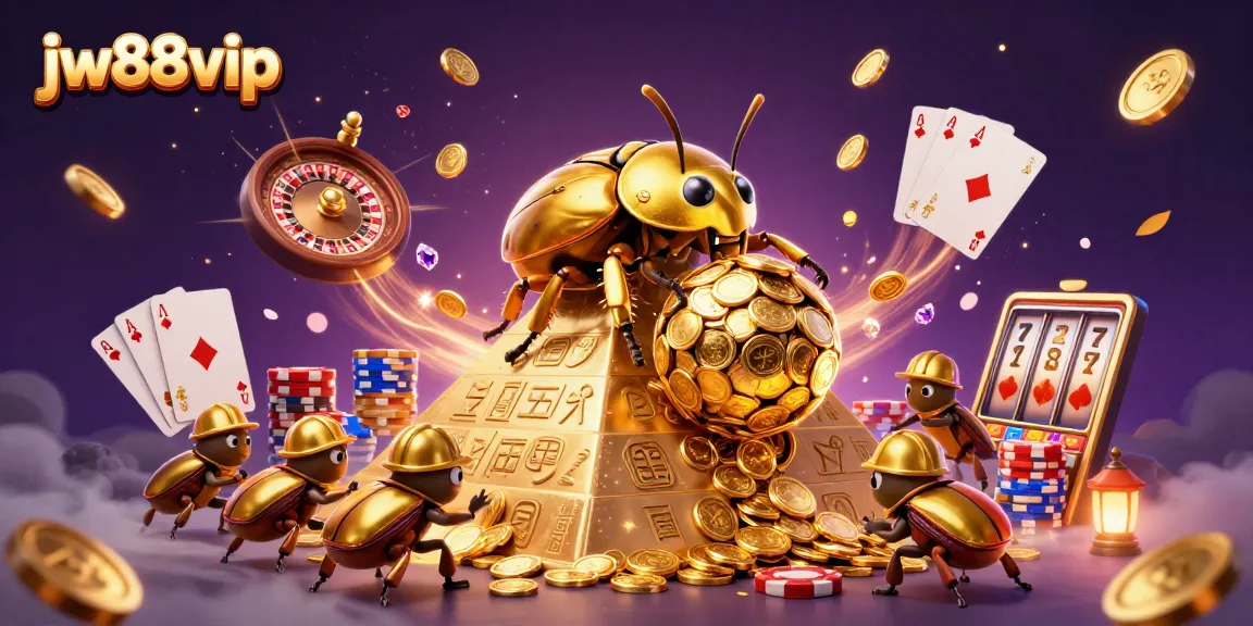 Engage with jw88vip's gaming universe—golden beetles and cascading coins create an unforgettable casino scene.