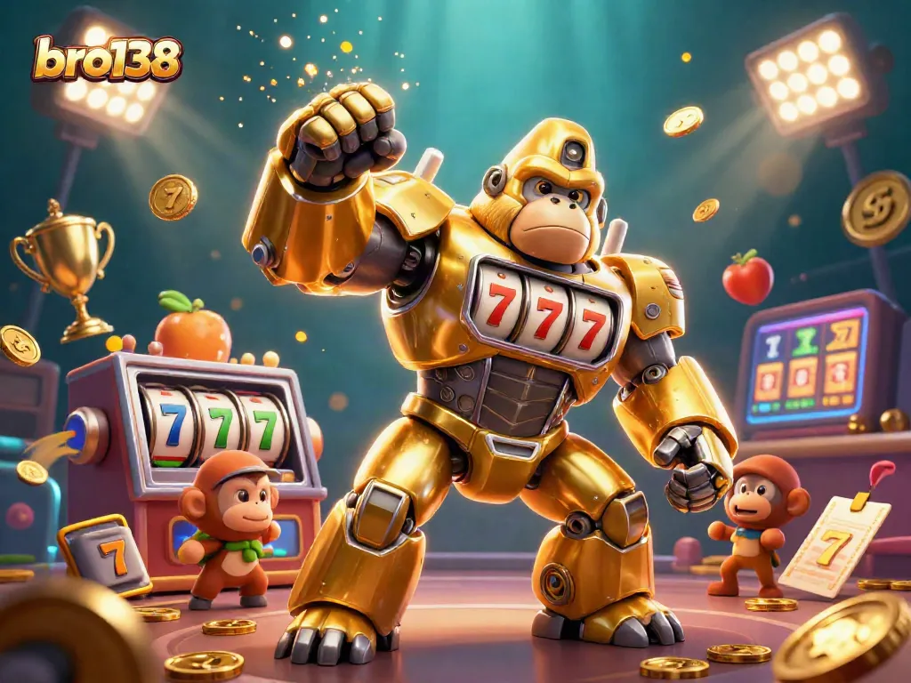 Spinning reels and jackpot excitement at bro138 casino, featuring golden gorilla mech.