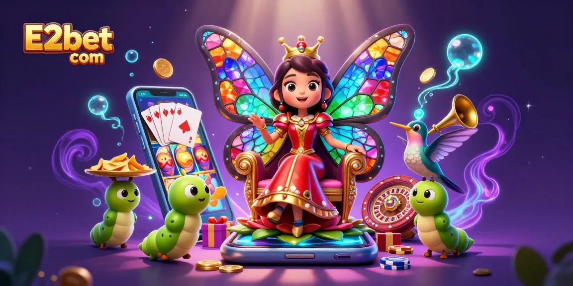 Experience E2bet com with a vibrant gaming scene featuring a butterfly queen and colorful slot games.
