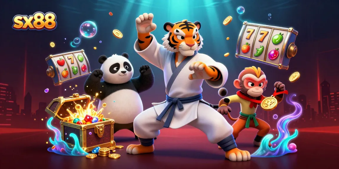 Sx88 showcases excitement with a kung fu tiger, panda, and monkey in an action-filled casino-themed scene