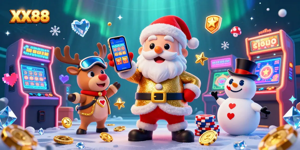 Win big with XX 88 at a vibrant digital casino featuring Santa Claus and friends celebrating gaming excitement.