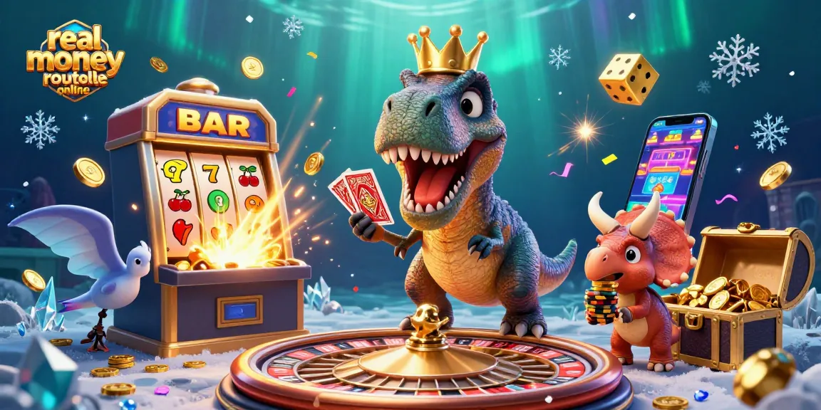 Engage in real money roulette online with a T-Rex shuffling cards and playful characters in a vibrant casino scene.