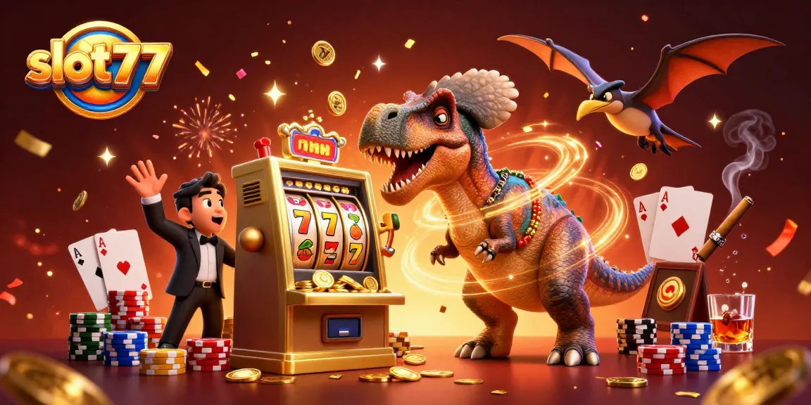 Witness the excitement of slot777 as a pachycephalosaurus celebrates jackpot wins amidst a vibrant casino scene.