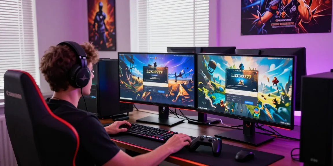 Ilustrasi yang menggambarkan Cara Login LUXURY777; gamer di workstation modern dengan antarmuka login yang terlihat.