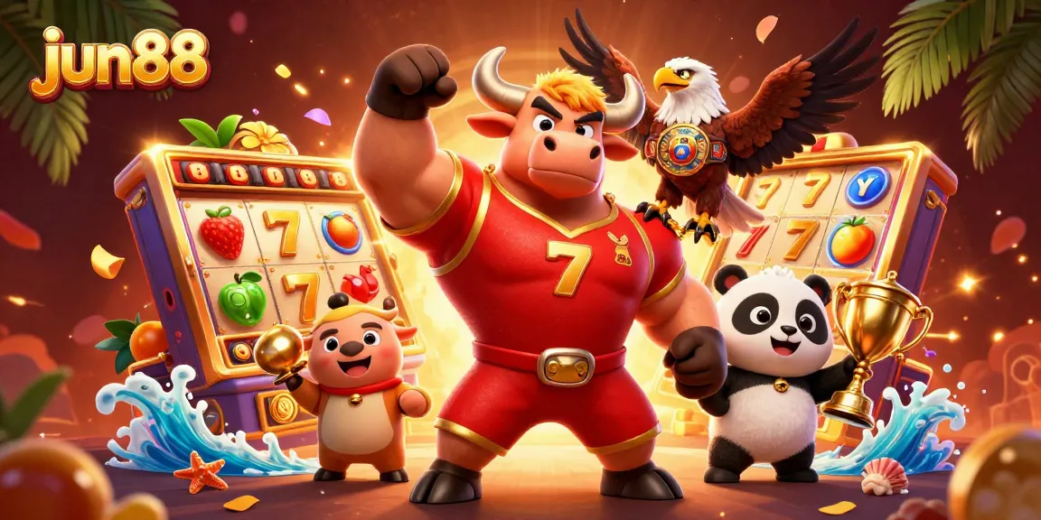 Win big with jun88's engaging 3D casino illustration showcasing a bullish mascot amid slot reels and trophies.