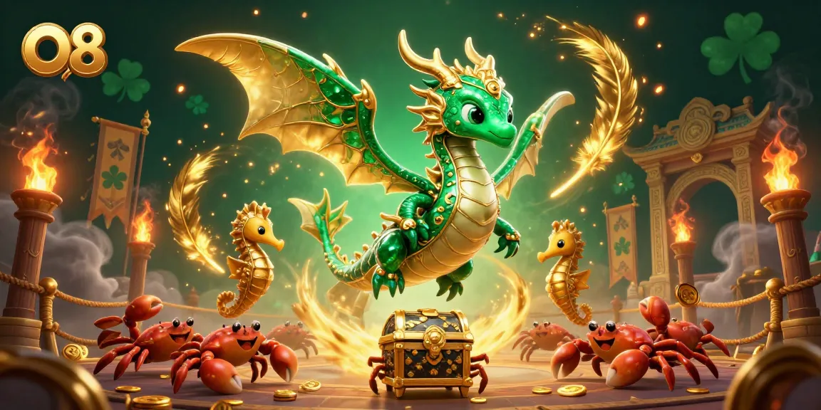 Experience thrilling wins at O8 with a majestic sea dragon guarding treasures amidst dynamic casino elements.