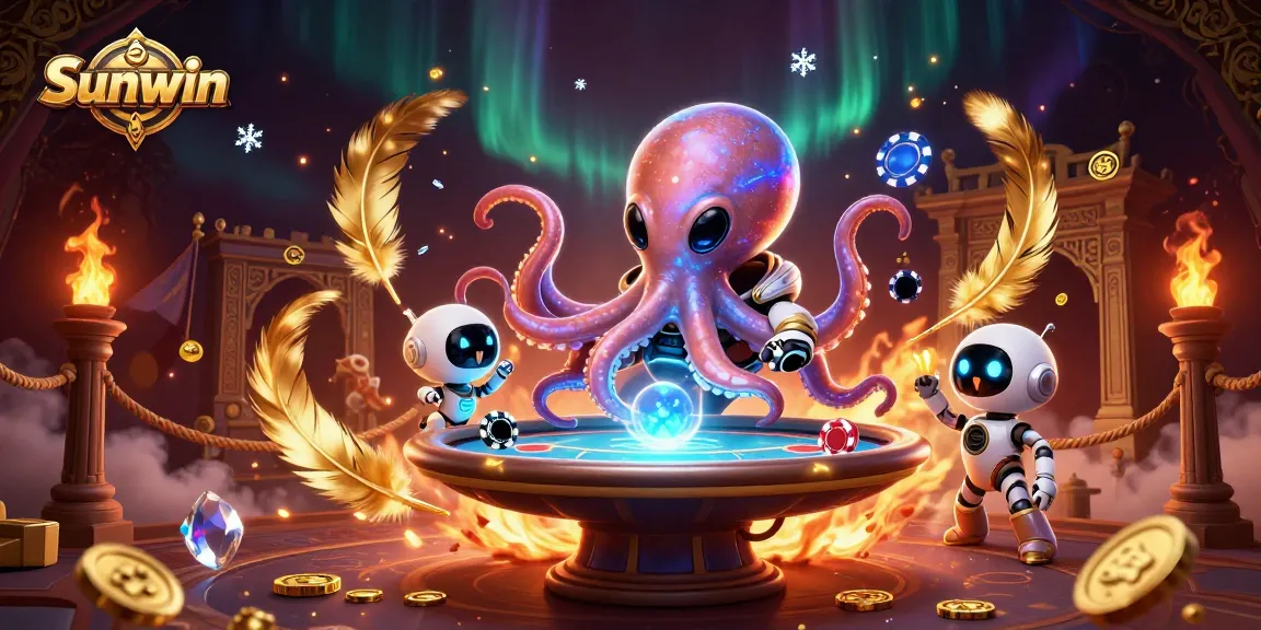 Sunwin octopus interacts at a floating poker table amidst vibrant cosmic effects, creating a thrilling gaming experience.