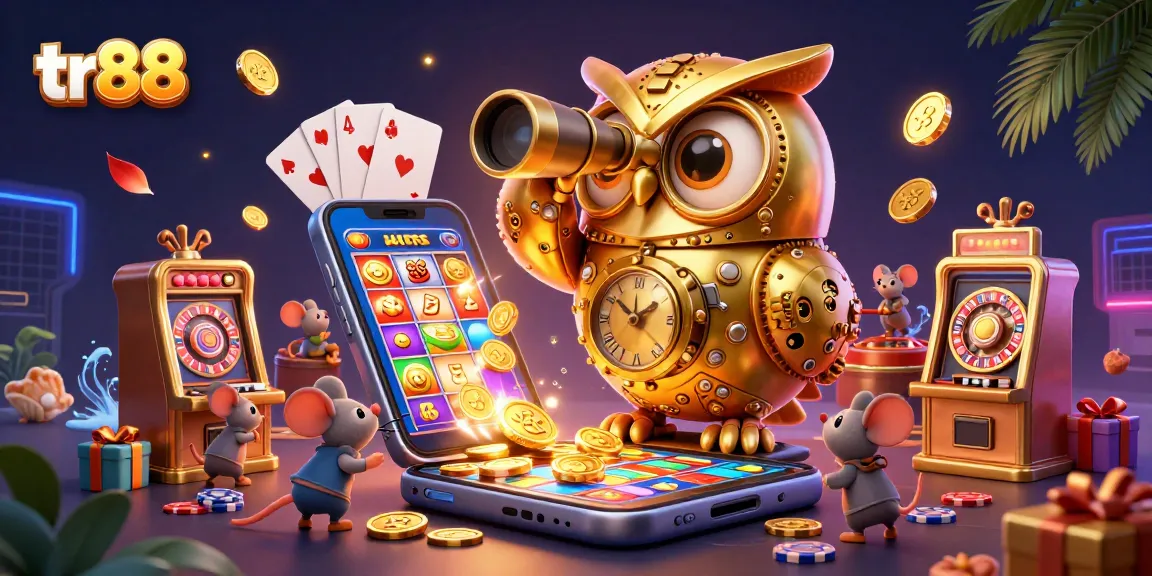 Spin to win at tr88 with a clockwork owl overseeing a vibrant casino scene.